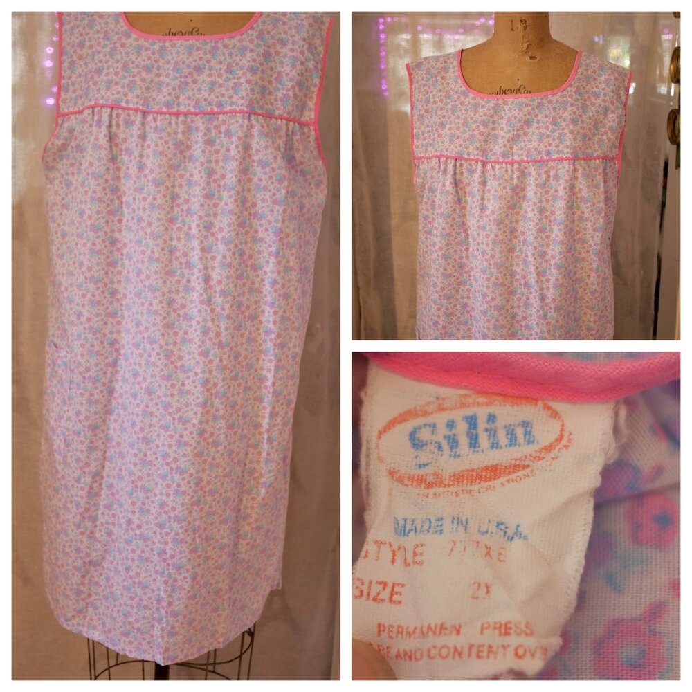 vtg 60s SILIN Pink Cute Ditsy Floral House Lounge Apron Dress Muu Muu M USA EUC
